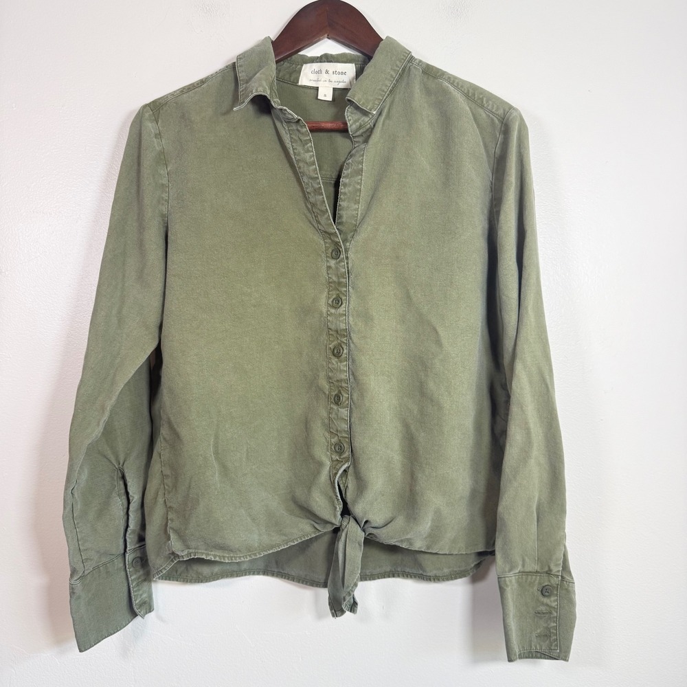 Cloth & Stone Front Tie Tencel Button Down Shirt Size Small Olive Green